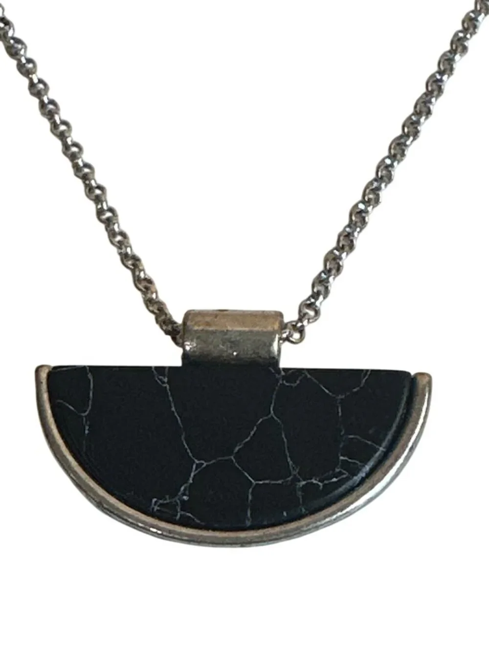 Silver Chain Necklace Black Crescent Stone Pendant & Crackle Design Elegant Chic